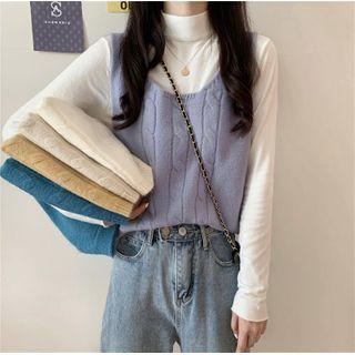 Plain Turtleneck Long-sleeve Top/ Plain Cable-knit Vest