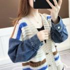 Denim Panel Striped Cardigan