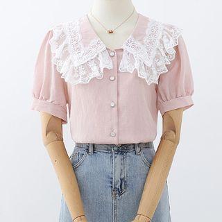 Puff-sleeve Collared Lace Ruffled Blouse