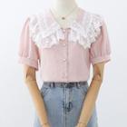 Puff-sleeve Collared Lace Ruffled Blouse