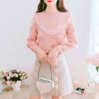 Set: Long-sleeve Lace Panel Cable Sweater + High-waist Single-breasted Woolen Mini Skirt