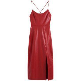 Spaghetti-strap Faux Leather Midi A-line Dress