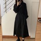 Tie Waist Long-sleeve Midi A-line Dress Black - One Size