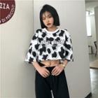 Elbow-sleeve Cropped Cow Print T-shirt