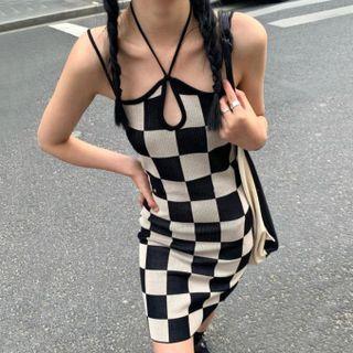 Spaghetti Strap Checker Print Knit Dress Check - Black & Beige - One Size