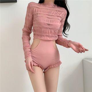 Ruffle Trim Swimsuit / Tie-dyed Mesh Cover-up / Set