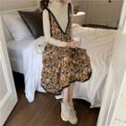 Mock-neck Plain Long-sleeve Top / Lace Floral Sleeveless Dress