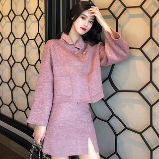 Flared-sleeve Button Jacket / Side-slit Mini A-line Skirt