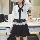 Set: Plain Long Sleeve Chiffon Blouse + Lace Trim A-line Skirt
