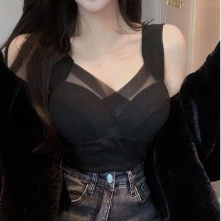 Mesh Panel Camisole Top / Fluffy Jacket