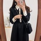 Long-sleeve Contrast-trim Midi A-line Collared Dress Black - One Size