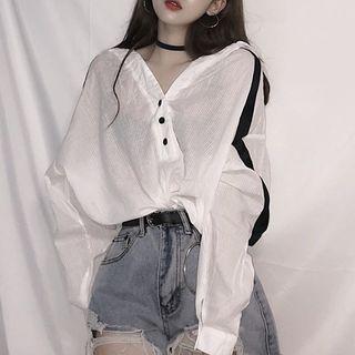 Color Block Hooded Long-sleeve Top As Shown In Figure - One Size