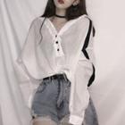 Color Block Hooded Long-sleeve Top As Shown In Figure - One Size