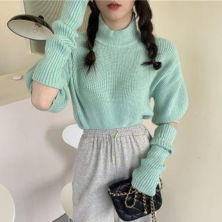 Set : Mock-turtleneck Plain Sweater + Sleeve Guards Green - One Size