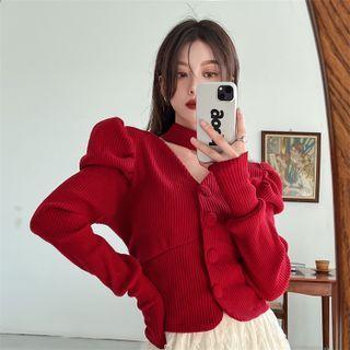 Puff-sleeve Mock-neck Cutout Button-up Knit Top