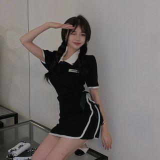 Contrast Collar Mini Bodycon Polo Dress Black - One Size