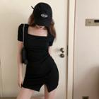 Short Sleeve Square Neck Slit Sheath Dress