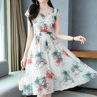 Cap-sleeve Floral Print A-line Dress