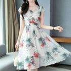 Cap-sleeve Floral Print A-line Dress