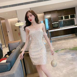 Cold-shoulder Fringed Mini Sheath Dress