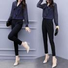 Set: Tie-neck Dotted Blouse + Cropped Dress Pants
