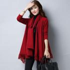 Plain Knit Cardigan With Fringed Scarf