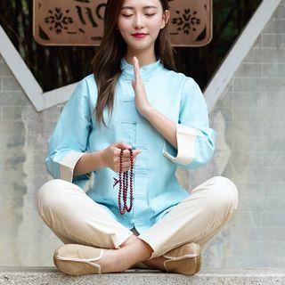Set: Pocket Detail 3/4-sleeve Chinese Traditional Blouse + Elastic Waist Straight-cut Pants