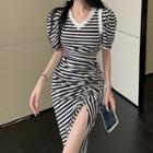 Short-sleeve Striped Sheath Dress Black & White - One Size