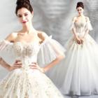 Elbow-sleeve Off-shoulder Embellished A-line Wedding Gown