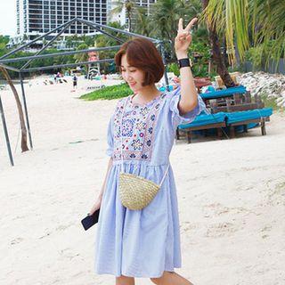 Puffed Short-sleeve Embroidered A-line Dress