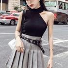 Set: Sleeveless Asymmetric Knit Top + A-line Mini Pleated Skirt