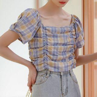 Short-sleeve Plaid Top Yellow & Blue - One Size