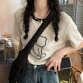 Short-sleeve Jacquard Knit Top Oatmeal - One Size