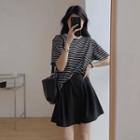 Elbow-sleeve Striped T-shirt / High Waist Wide Leg Shorts