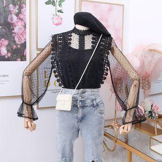 Lace-panel Sheer Mesh Top With Camisole