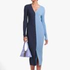 Long-sleeve V-neck Color Block Knit Sheath Dress