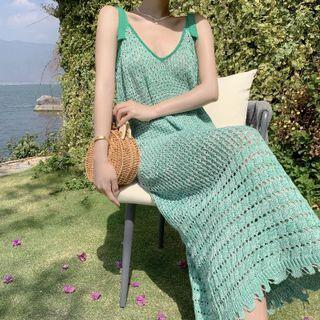Spaghetti-strap Knit Maxi A-line Dress Green - One Size