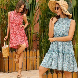 Sleeveless Ruffled Floral Print A-line Dress