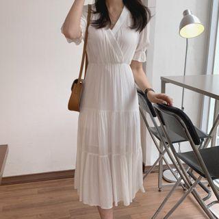 Short-sleeve V-neck Chiffon A-line Midi Dress