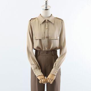 Puff-sleeve Silky Shirt / Straight Leg Pants