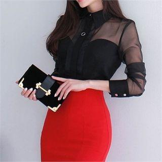 Mesh-panel Sweetheart-neckline Shirt