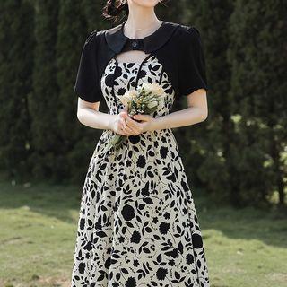 Set: Spaghetti-strap Floral Midi A-line Dress + Short-sleeve Shrug