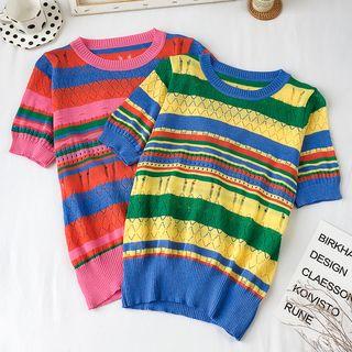 Striped Short-sleeve Pointelle Knit Top