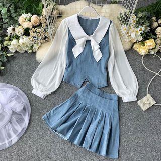 Set: Puff-sleeve Denim Paneled Blouse + A-line Mini Pleated Skirt