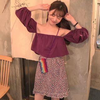 Cold Shoulder 3/4-sleeve Top / Floral A-line Skirt