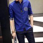 Flower Embroidered Mandarin Collar Elbow Sleeve Shirt