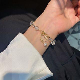 Cat Faux Crystal Faux Pearl Bracelet 1 Pc - White Faux Pearl - Gold - One Size
