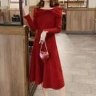 Long-sleeve Midi A-line Pleated Knit Dress Red - One Size