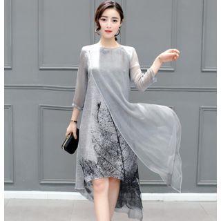 Printed Irregular Hem 3/4-sleeve Shift Dress