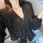 Lace-up Shoulder Padded Long-sleeve Crop Blouse